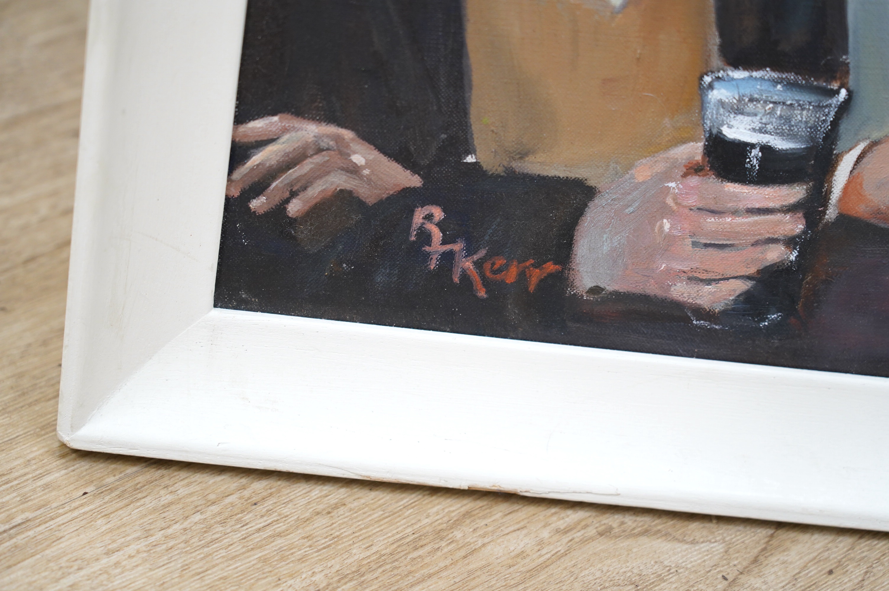 R Kerr (Irish), oil on canvas, Study of two figures drinking, signed, 39.5 x 34.5cm. Condition - good